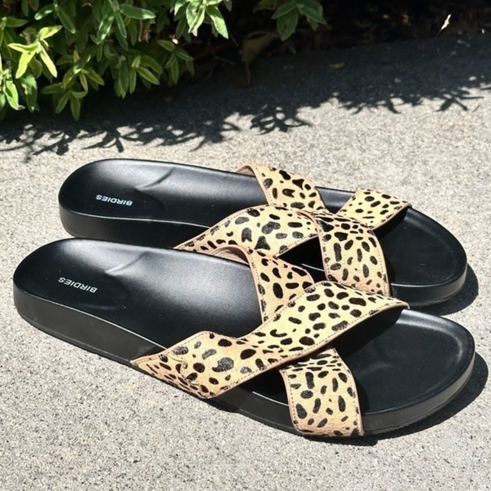 Birdies Robin Slide Sandals Dyed Calf Hair Cheetah Print Size 10